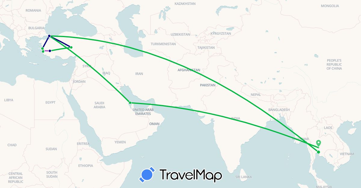 TravelMap itinerary: driving, bus, train in Bahrain, Thailand, Turkey (Asia)